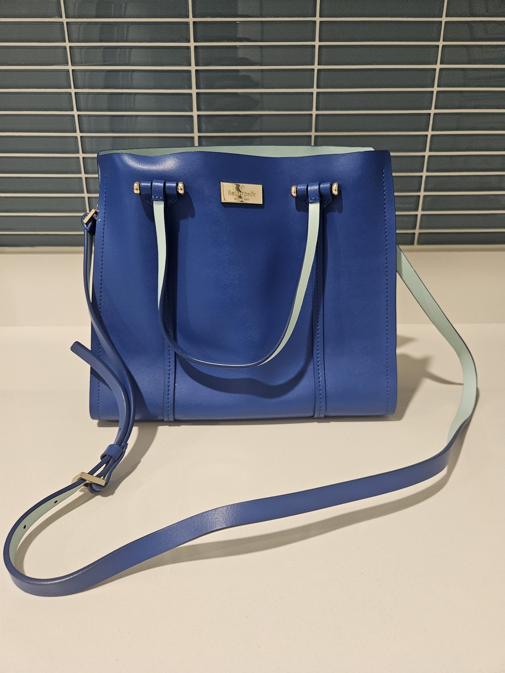 KATE SPADE Blue Leather Tote with Sky Blue Accents - Designer Plaque